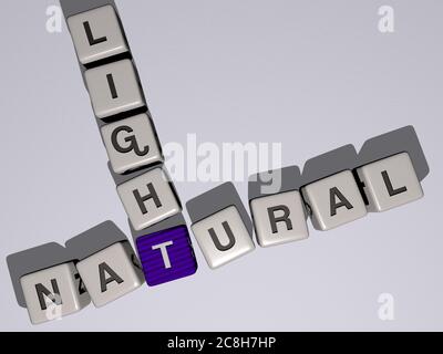 Kreuzworträtsel des natürlichen Lichts angeordnet durch kubische Buchstaben auf einem Spiegelboden, Konzept Bedeutung und Präsentation. Hintergrund und schön. 3D-Illustration Stockfoto