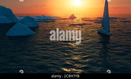 Eisschmelze, Klimawandel. Segelboot im antarktischen Ozean. Arktisches Meer, treibendes Eisberg. Globale Erwärmung. Sonnenuntergang. 3d-Rendering Stockfoto