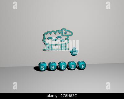 3D-Grafik-Bild von Schafen vertikal zusammen mit Text von metallischen kubischen Buchstaben aus der oberen Perspektive gebaut, ausgezeichnet für das Konzept Präsentation und Diashows. Tier und Illustration Stockfoto
