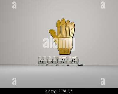 3D-Grafik-Bild der Hand vertikal zusammen mit Text von metallischen kubischen Buchstaben aus der oberen Perspektive gebaut, ausgezeichnet für das Konzept Präsentation und Diashows. Illustration und Hintergrund Stockfoto