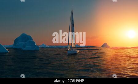 Eisschmelze, Klimawandel. Segelboot im antarktischen Ozean. Arktisches Meer, treibendes Eisberg. Globale Erwärmung. Sonnenuntergang. 3d-Rendering Stockfoto