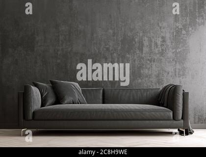 Schwarze Holzkohle-Mock-up-Wand mit schwarzem Samt Sofa und Kissen, moderne Innenausstattung, Negativ-Copy-Raum oben, 3d-Rendering, 3d-Illustration Stockfoto