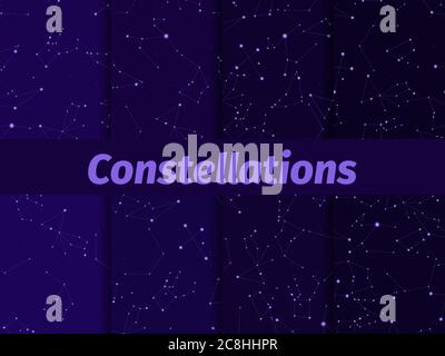 Sternbilder nahtlose Muster gesetzt. Sternenhimmel-Karte. Sternhaufen und Galaxien. Tiefe Räume. Vektorgrafik Stock Vektor