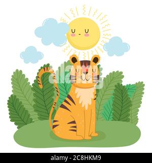 Niedlichen Tiger sitzen auf Gras Sonne Wald Natur wild Cartoon Vektor Illustration Stock Vektor