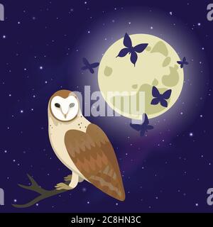 Illustration mit Eule am Ast, Vollmond und Schmetterlingen. Stock Vektor