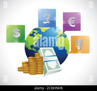 Währungen rund um den Globus Illustration Design auf weißem Hintergrund Stock Vektor