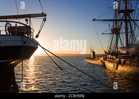 Sonnenuntergang im Maritime Museum, San Diego, Kalifornien, USA Stockfoto