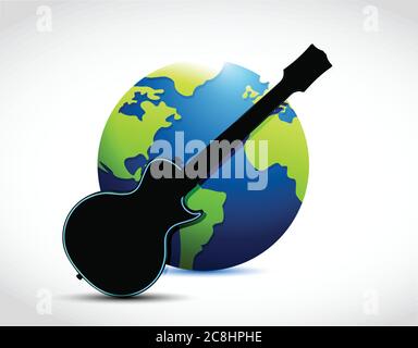 Globe und Gitarre Illustration Design auf weißem Hintergrund Stock Vektor