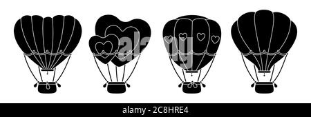 Heißluftballon schwarz Glyphe Set. Einfarbig flach Herz oder Kreis. Cartoon Valentinstag Design Luftballons Kollektion. Festivals oder Hochzeitsreise Flugtransport. Vektor-isolierte Illustration Stock Vektor