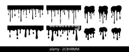 Farbe tropfende Blob Sammlung. Aktuelle schwarze Silhouette, Tinte Splatter Set, dekorative Formen Flüssigkeiten Glyphe. Fleck Tinte Form Sammlung, Spritzer Tropfen, Cartoon Spritzer. Isolierte Vektordarstellung Stock Vektor