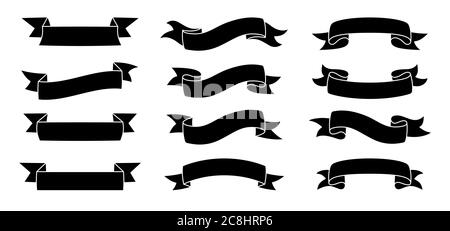 Farbbandset. Tape blank schwarz Glyph Kollektion, dekorative Silhouette Ikonen. Vintage Outline Design, Bänder Zeichen Stil. Web Icon Kit mit Text-Bannerbändern. Isolierte Vektordarstellung Stock Vektor