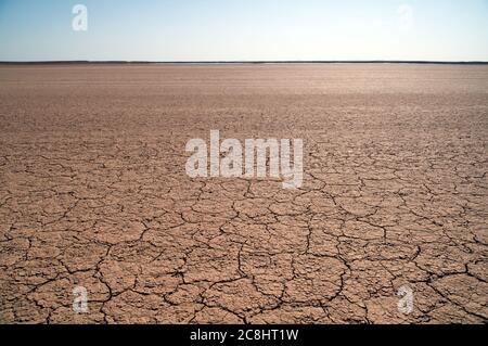 Trockene, ausgetrocknete und rissige Schlammmuster nach einem Regen in der östlichen Wüste der Gaderregion des Haschemitischen Königreichs Jordanien. Stockfoto