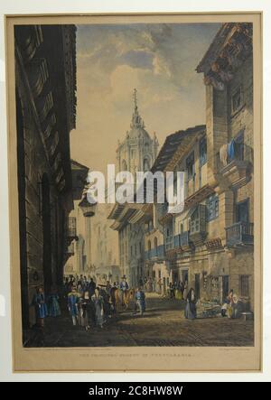 Alte antike kolorierte Gravur der Hauptstraße von Fuenterrabia, Hondarribia, Spanien Stockfoto