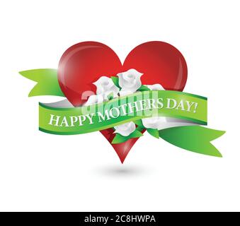 Happy Mothers Tag Herz und Blumen Band Zeichen Illustration Design Stock Vektor