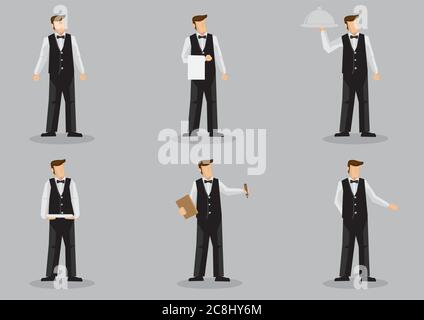 Set von sechs Vektor-Cartoon-Illustration von Kellner Charakter isoliert auf grauem Hintergrund. Stock Vektor
