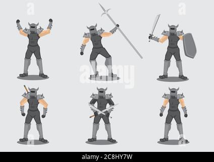Set von sechs Vektor-Illustrationen des mittelalterlichen Krieger Spiel Charakter in Metall Spiked Rüstungsanzug mit verschiedenen Waffe isoliert auf grauem Hintergrund. Stock Vektor