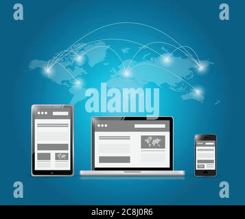 Web-Plattformen und World Connection Illustration Design auf einem blauen Hintergrund Stock Vektor