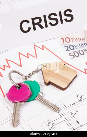 Home Schlüssel, Inschrift Krise, Währungen Euro und Abwärtsgraphen, die Krise des Immobilienmarktes durch Coronavirus verursacht. Reduzierte Gehäuse-Pr Stockfoto