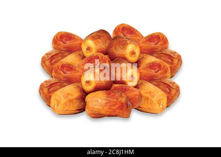 Schüssel mit entsteinten Süße getrocknete Datteln Frucht isoliert auf weißem Hintergrund. - Bild Stockfoto