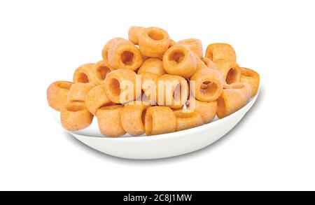 Würzige Maisringe Snack, Fryum Zwiebelringe, Haufen von knusprigen Maisring, Sahne & Zwiebel Snack, Mini-Ring (Fryums - Frymus) isoliert auf weißem Hintergrund, SW Stockfoto