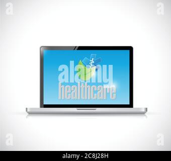 Laptop und organische Gesundheitswesen Zeichen Illustration Design auf einem weißen Hintergrund Stock Vektor