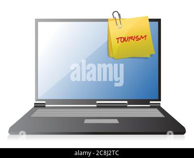 Tourismus-Beitrag auf einem Computer Illustration Design auf einem weißen Hintergrund Stock Vektor