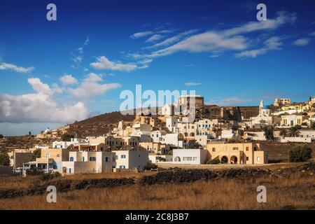 Akrotiri Dorf im Morgenlicht, Santorini Insel, Griechenland Stockfoto