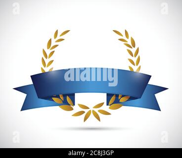 Gold Lorbeer und blaues Band. Illustration Design auf weißem Hintergrund Stock Vektor