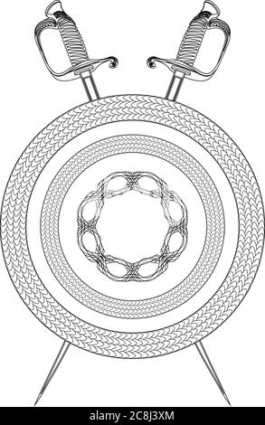 Flache Linie Kunst von zwei gekreuzten Schwertern und alten Schild Stock Vektor