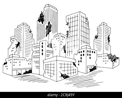 Ruined City Grafik schwarz weiß Stadtbild Skyline Skizze Illustration Vektor Stock Vektor