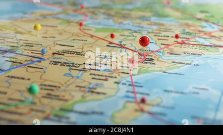 Positionsmarkierung mit einer Nadel auf einer Karte mit Routen. Abenteuer, Entdeckung, Navigation, Kommunikation, Logistik, Geographie, Transport und Reisen Thema Co Stockfoto