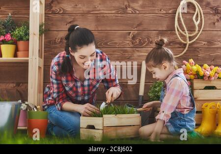 Nettes Kind Mädchen hilft ihrer Mutter für Pflanzen zu kümmern. Mutter und ihre Tochter beschäftigten sich mit der Gartenarbeit im Hinterhof. Frühlingskonzept, Natur und Pflege. Stockfoto