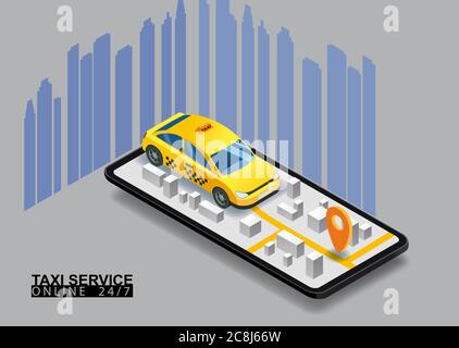 Taxi-Service isometrisch. Smartphone mit Stadtplan Route und Punkte Lage gelb Auto. Taxi App auf dem Display. Online-Anwendung mobile Taxi bestellen Stock Vektor