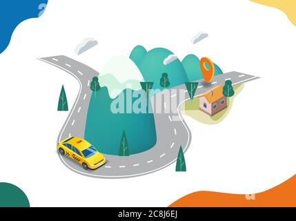 Taxi-Service isometrisch. Karte Straße und gelben Auto. Landschaft Berge. Landung Online-mobile Anwendung bestellen Taxi-Service. Vektorgrafik für Stock Vektor