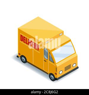 Isometrische Express-LKW-Transport Lieferung von Waren Konzept, Logistik. Schnelle Lieferung oder logistischer Transport, LKW, van, Vektor Stock Vektor