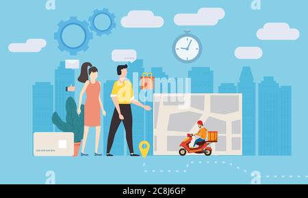 Lieferung Roller Service. Mann Frau bestellt Lieferung Paket Versand Tracking-Karte. 24 7 Moped. Vektor Illustration Logistik Poster für Stock Vektor