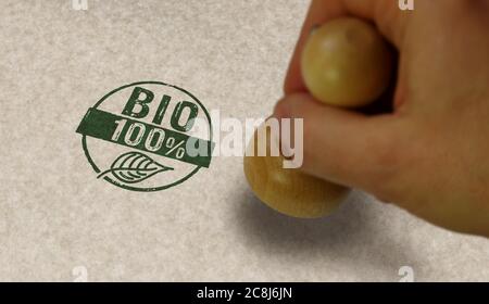 Natürliche 100 Prozent Stempel und Stempelhand. Ökologie, Umwelt, Ernährung, Bio-und gesunde Ernährung Konzept. Stockfoto