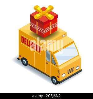 Isometrische Express-LKW-Transport Lieferung von Waren Konzept, Logistik. Schnelle Lieferung oder logistischer Transport, LKW, van, Vektor Stock Vektor