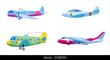 Satz Flugzeuge Flugzeuge verschiedene Farbe. Retro, Personal, Cargo, Speed, monoplane. Vektor isoliert Cartoon-Stil Stock Vektor