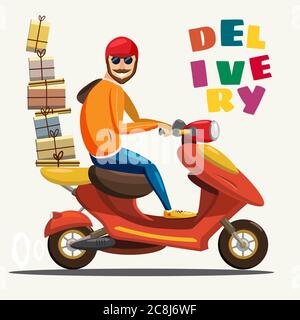 Lieferung Boy Ride Scooter Motorrad Service, Bestellung, Weltweiter Versand, schneller und kostenloser Transport, Cartoon-Stil, isoliert Stock Vektor