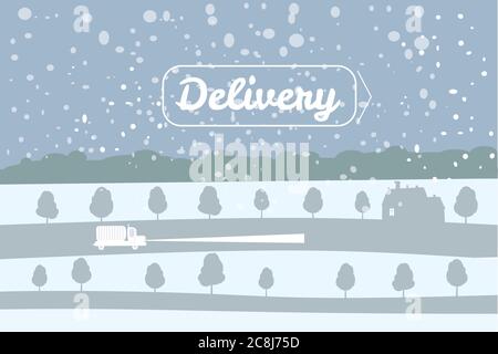 Lieferwagen fährt auf der schneebedeckten Straße, Konzept, schnelle und bequeme Lieferung von Fracht und Paketen. Transport von Produktwaren. Schnell Stock Vektor