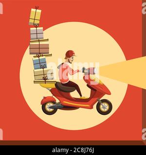 Lieferung Boy Ride Scooter Motorrad Service, Bestellung, Weltweiter Versand, schneller und kostenloser Transport, Cartoon-Stil, isoliert Stock Vektor