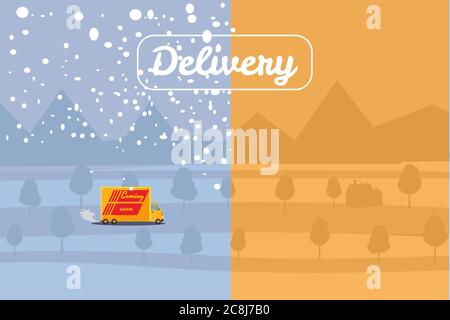 Lieferwagen Fahrten auf der schneebedeckten Straße und Sommer, Konzept, schnelle und bequeme Lieferung von Fracht und Pakete. Transport von Produktwaren Stock Vektor