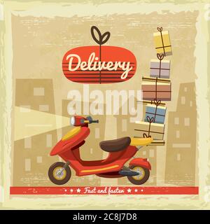 Lieferung Scooter Motorrad Service, Bestellung, Weltweiter Versand, schneller und kostenloser Transport, Cartoon-Stil, isoliert Stock Vektor