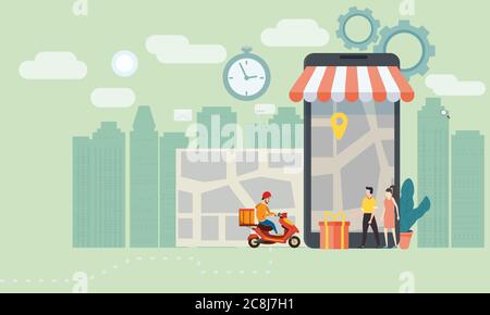 Konzept Online-Lieferservice, Tracking Online-Tracker, Landing Page. Winzige Menschen, ein Roller mit einem Lieferer, ein Mann und eine Frau Käufer, ein Stock Vektor