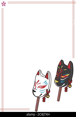 Japanische traditionelle Kitsune Fox Maske mit weißem Hintergrund und Copyspace. Kartenrahmen. Stockfoto