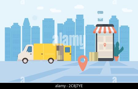 Online-Lieferservice, Tracking Online-Tracker. Smartphone, Paketzustellwagen. Internet-Lieferung, Konzept, Idee, Vektor, Illustration für Web Stock Vektor