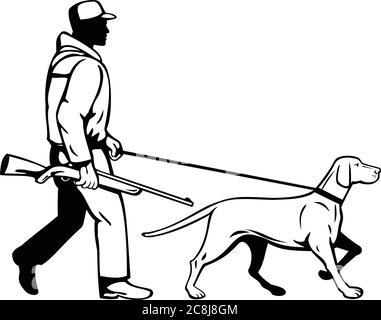 Retro-Stil Illustration eines Vogeljäger oder Ente Shooter mit Schrotflinte Gewehr und ungarischen oder Magyar Vizsla Zeiger Hund zu Fuß von der Seite auf ist Stock Vektor