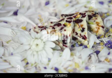 Hausgemachte Kuchen mit weißer Schokolade, Pistazien, Preiselbeeren und Aprikosen Stockfoto