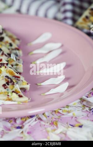 Hausgemachte Kuchen mit weißer Schokolade, Pistazien, Preiselbeeren und Aprikosen Stockfoto